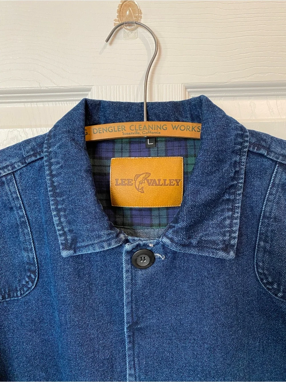 Vintage Lee Valley Denim Chore Coat Plaid Flannel Cuffs Mens Large